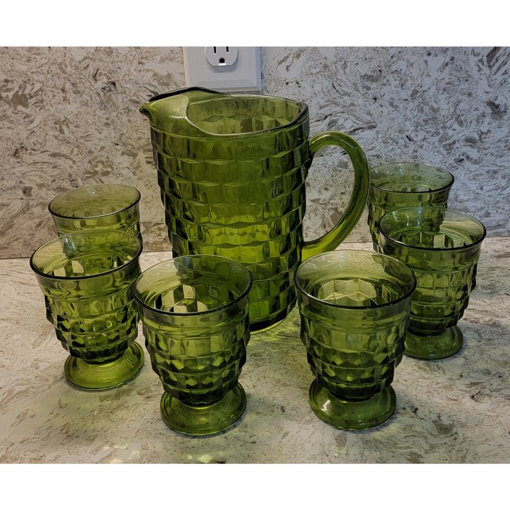 Whitehall Stunning Vintage Avocado Green Pitcher- MINT With 6 Glasses
